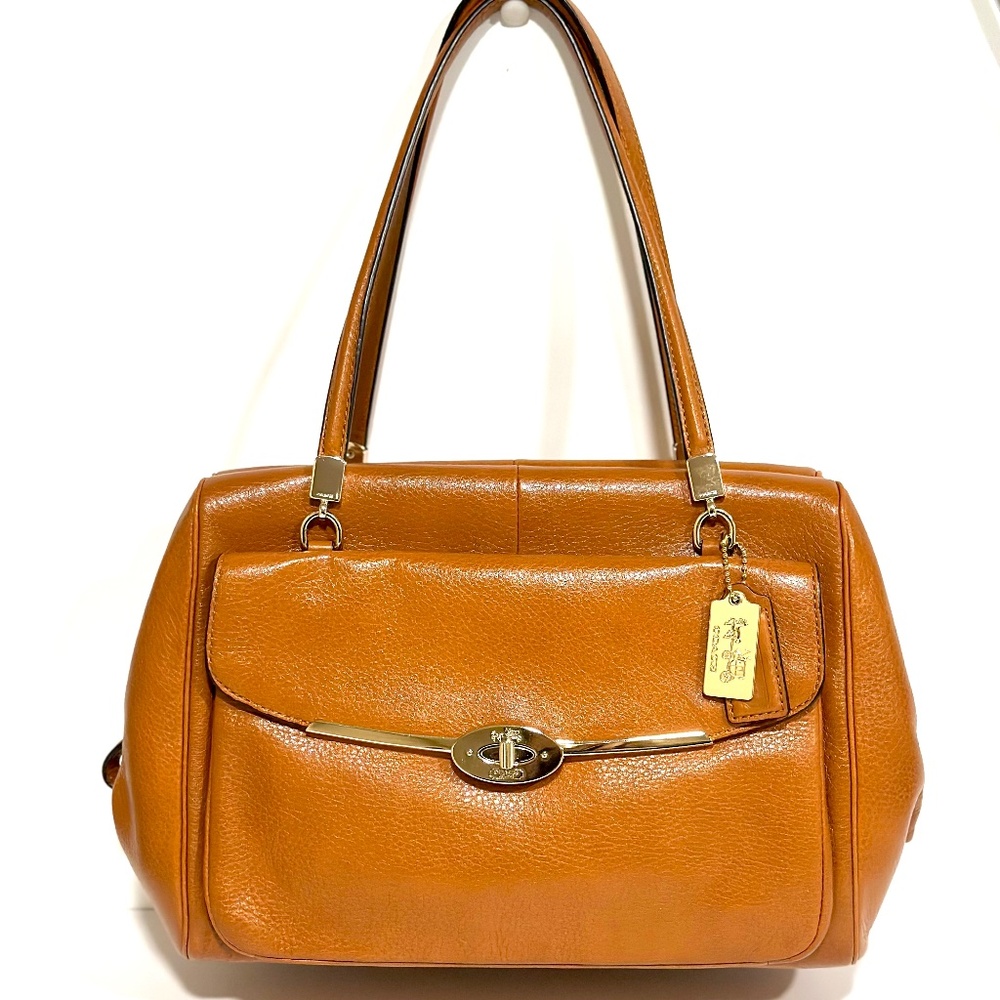 Coach Madison Madeline Large Brown Leather Bag Satchel Front Turn Lock Pocket
